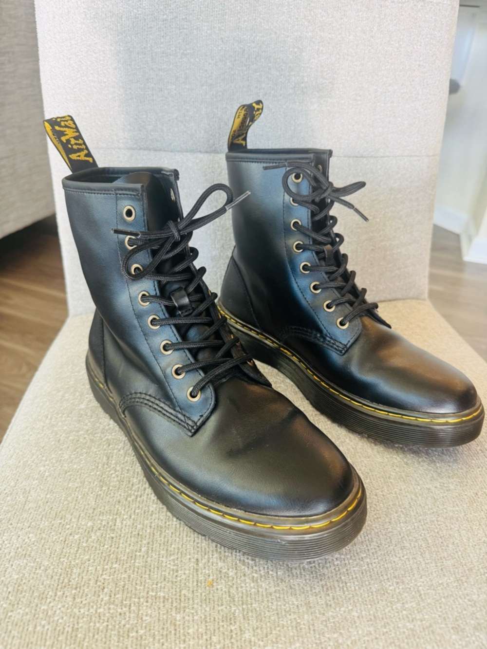 Dr. Martens ZAVALA Black Leather Lace-Up Boots with Yellow Stitching- Worn 2x